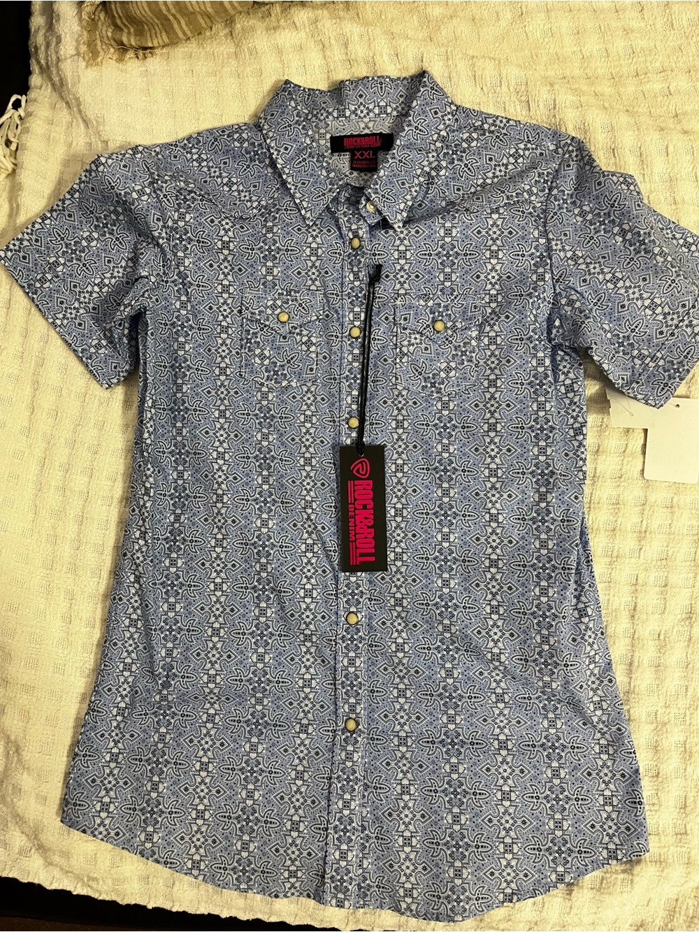 Rock & Roll Denim Blue Printed Short Sleeve Button-Up Shirt Cowgirl